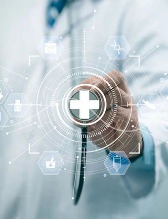 a digital screen showing icons related to healthcare